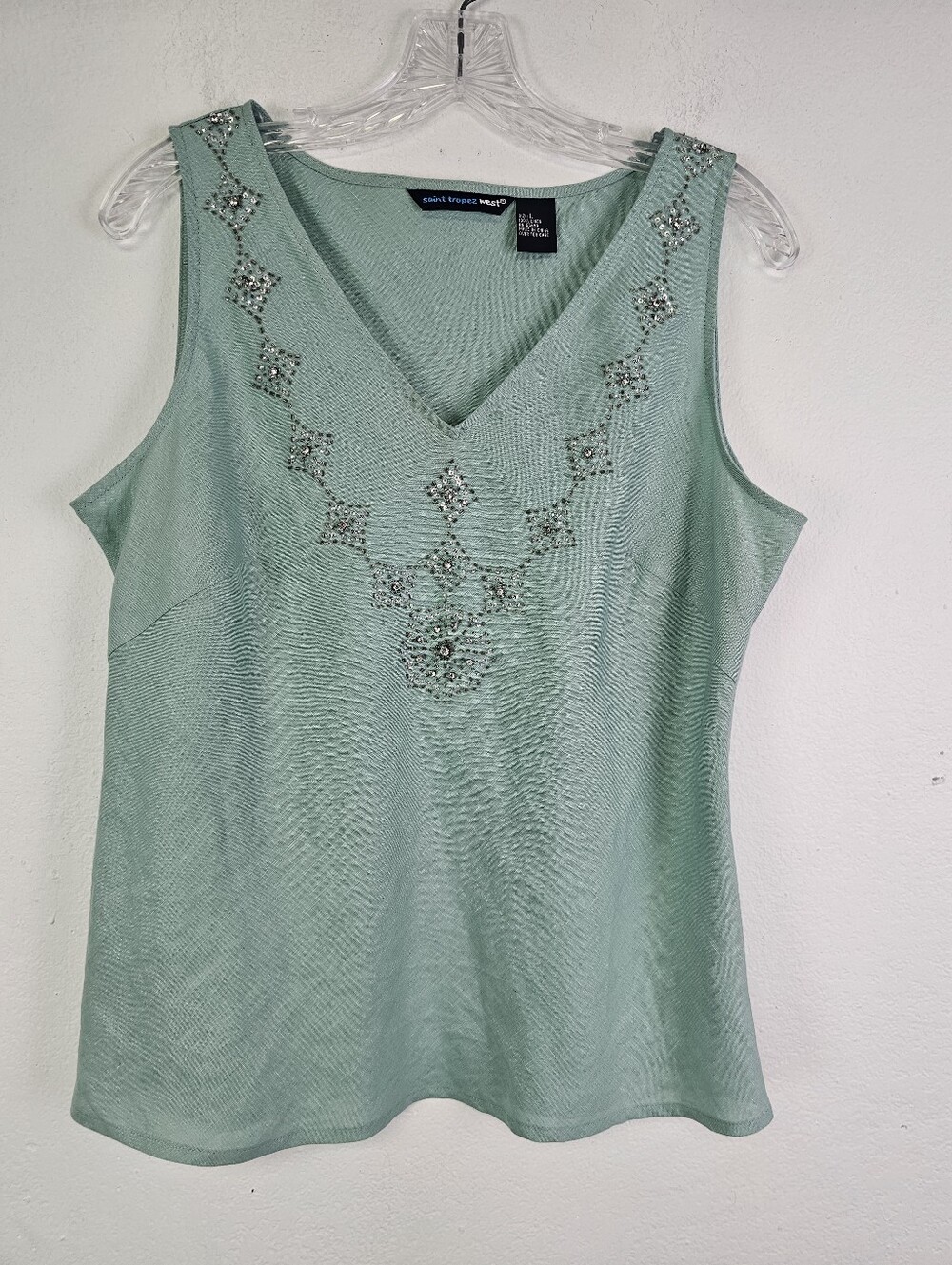 Saint Tropez 100% Linen Pastel Green Tank Shell Rhinestone Trim Sz L Coastal